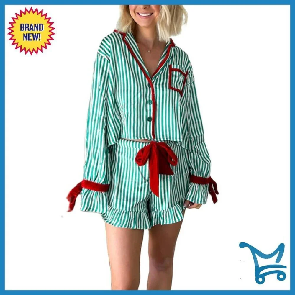 Silk Satin Pajama Set Long Sleeve Bow Tie Shirt Shorts Sleepwear